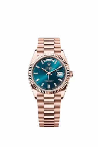 Rolex Day-Date 36 Everose Gold - Fluted / Blue-Green - Baguette / President 128235-0085 (m128235-0085)